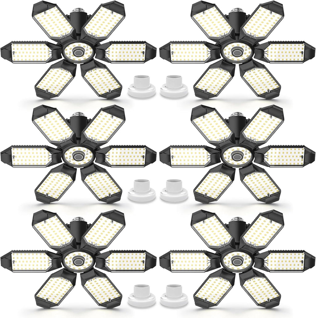 Led Garage Lights Bulb 6 Pack 200W Super Bright Ceiling Led Shop Lights, E26/E27 Base, 6500K, 20000LM Deformable Led Garage Light for Basement, Attic