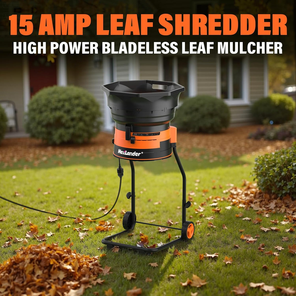 MAXLANDER Electric Leaf Mulcher/Shredder, 15 Amp 8400 RPM, 18:1 Ratio, Adjustable Dial, with Goggles, Leaf Scoops/Gloves, 20 Cutting Lines-Portable