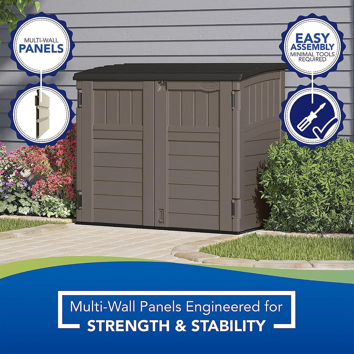 Suncast 34 Cu Ft Horizontal Shed, Outdoor Storage Shed with Floor, Stoney