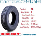 Heavy Duty Trailer Tire ST205/75R15 10-Ply Load Range E 110M, Set2