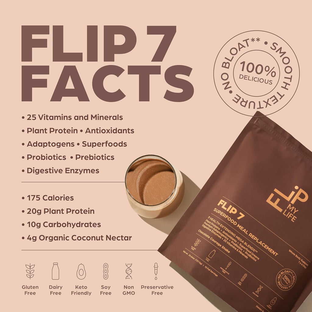 Flip My Life, Flip 7 Natural SuperFood, Plant-Based Protein, Complete Meal Replacement to Support Healthy Gut, 7 Mega Nutrient Rich Blends all in one