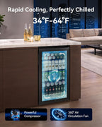 Feelfunn 3.2 Cu. Ft. Beverage Refrigerator, 126-Can Mini Fridge, 34-64°F