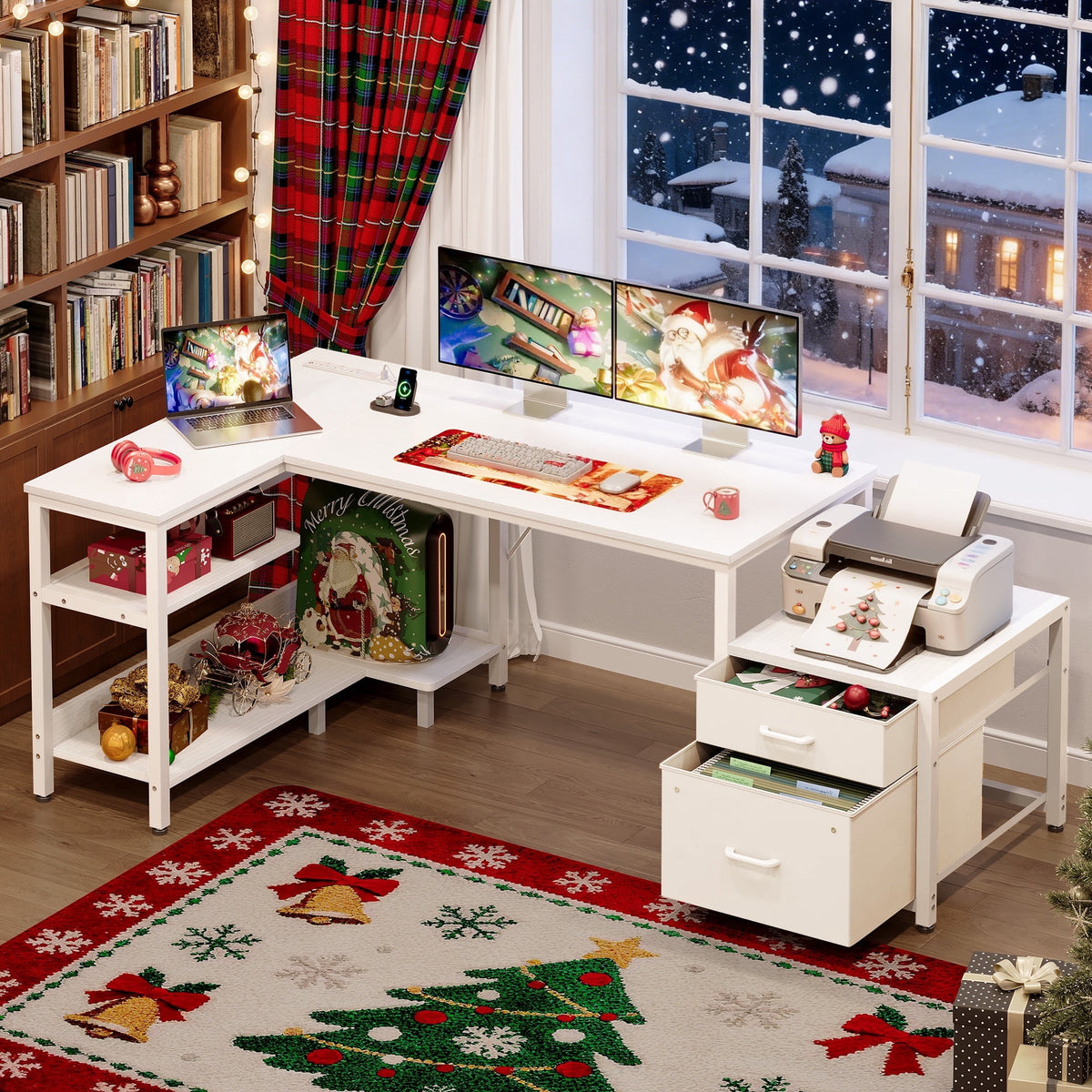 Casacomoda L Shaped Desk with Power Outlets, Large Computer Desk with File Drawer, Home Office Desk with Printer Stand & Storage Shelves, Corner Desk