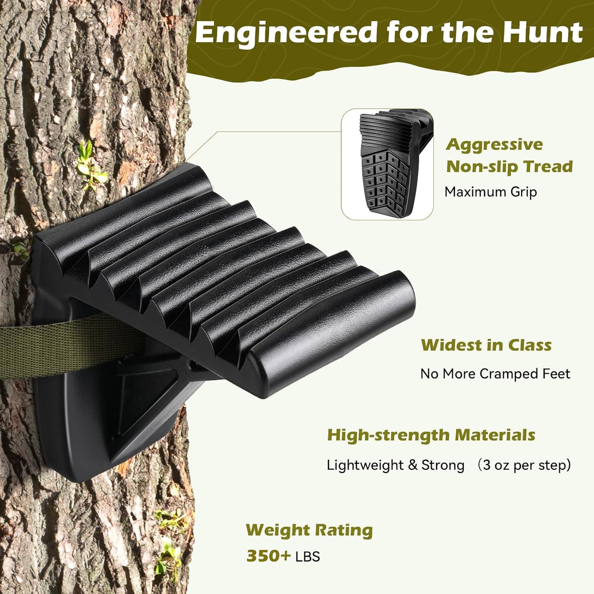 Saddle Hunting Platform Steps, Ultra-Light Ring of Steps for Climbing Bow Hunting with 6 Feet Heavy-Duty Strap & Cam Buckle, Ergonomic Anti-Slip