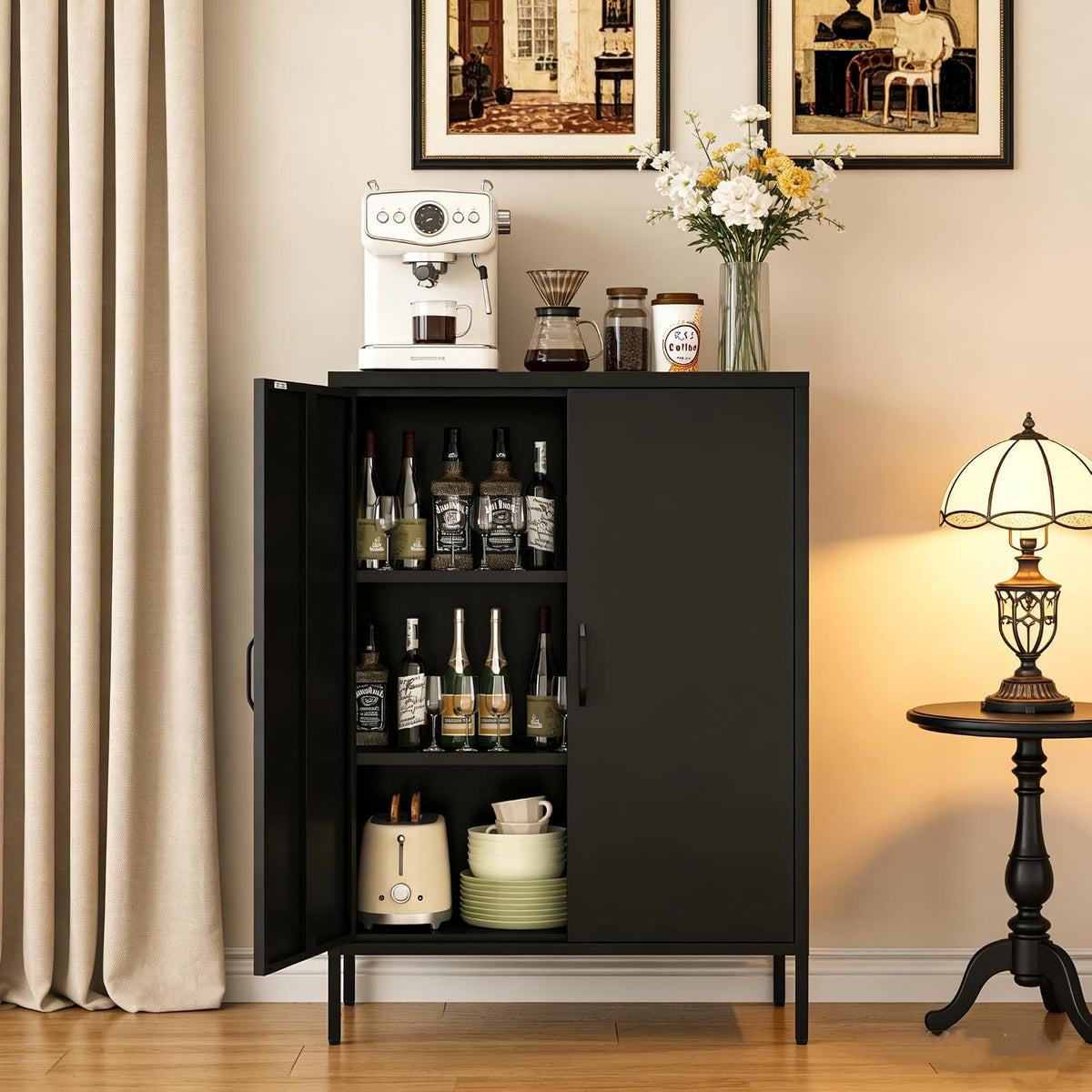 Metal Locker Cabinet, Black Storage Cabinets with 2 Doors and Adjustable Shelves, 3 Tier Modern Storage Freestanding Sideboard for Living Room,School