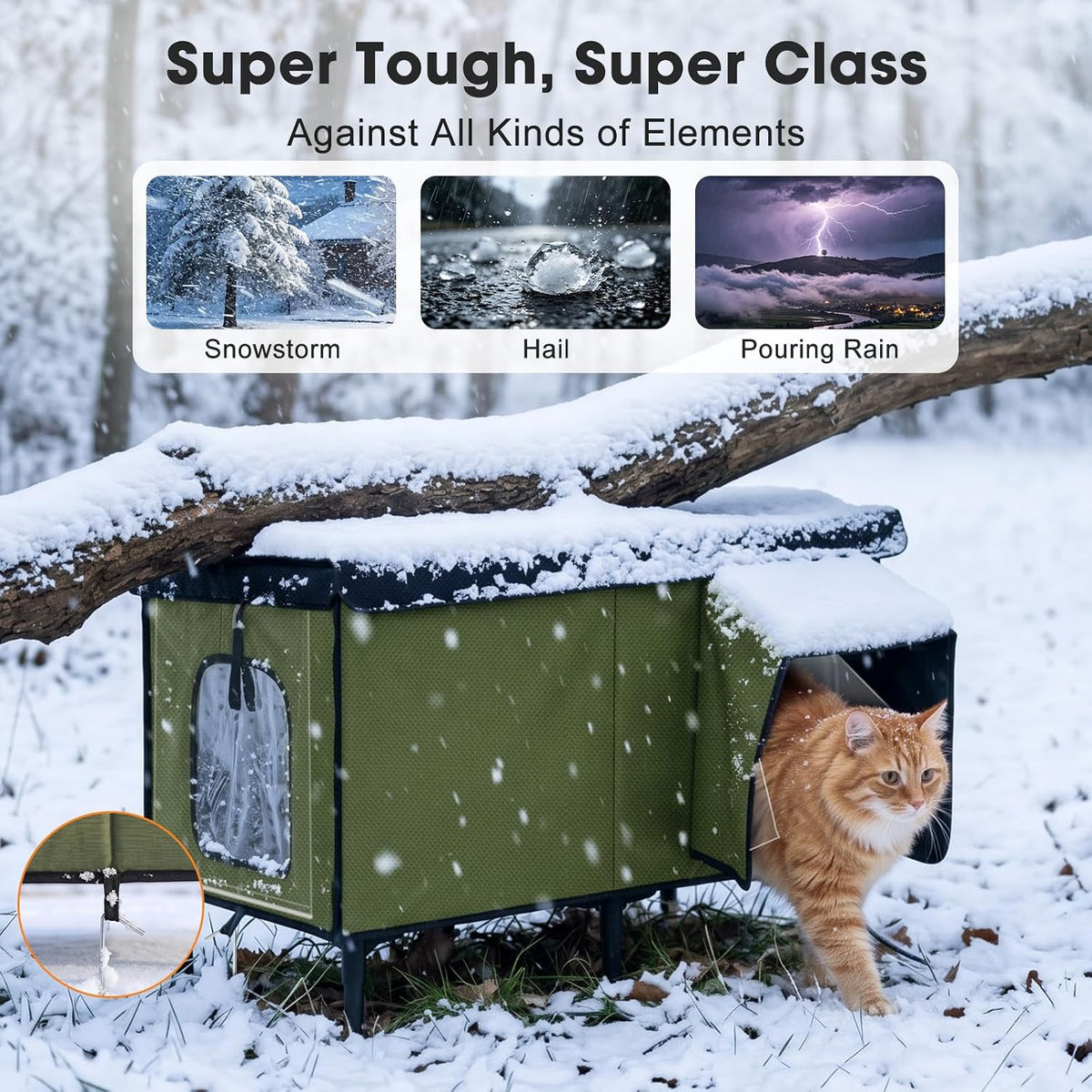 Heated Cat House for Outside, Insulated Large Elevated Waterproof Feral Cat Shelter with Heated Pad, Safe Escape Door All-Round Insulated Cotton and