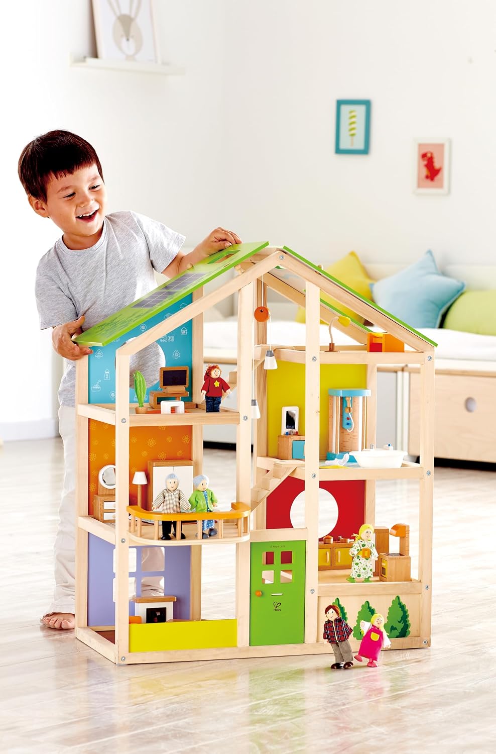 All Seasons Kids Wooden Dollhouse by Hape | Award Winning 3 Story Dolls House Toy with Furniture, Accessories, Movable Stairs and Reversible Season