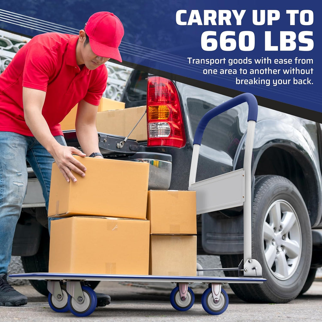 Heavy Duty Foldable Push Cart Dolly | 660 lbs. Capacity | Upgraded Collapsible Hand Truck Folding Platform with Swivel Wheels | Flat Bed Moving Wagon