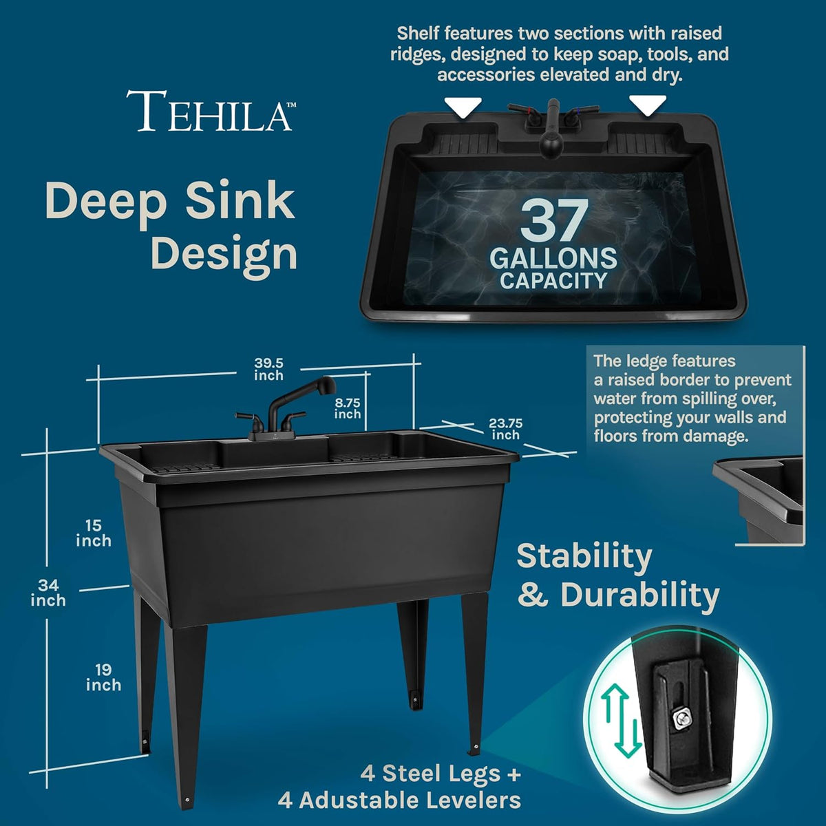 Tehila Freestanding Double-Wide Utility Sink with Steel Legs & Black Pull-Out Faucet, Multi-Purpose Heavy-Duty Laundry Tub and Kitchen Sink for Homes