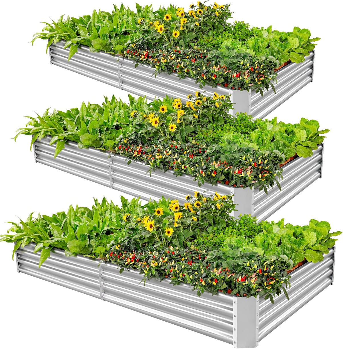 Land Guard 3 Pack 8×4×1ft Galvanized Metal Raised Garden Bed, Metal Planter Kit Box Outdoor for Deep-Rooted Vegetables, Flowers, Green and Herbs