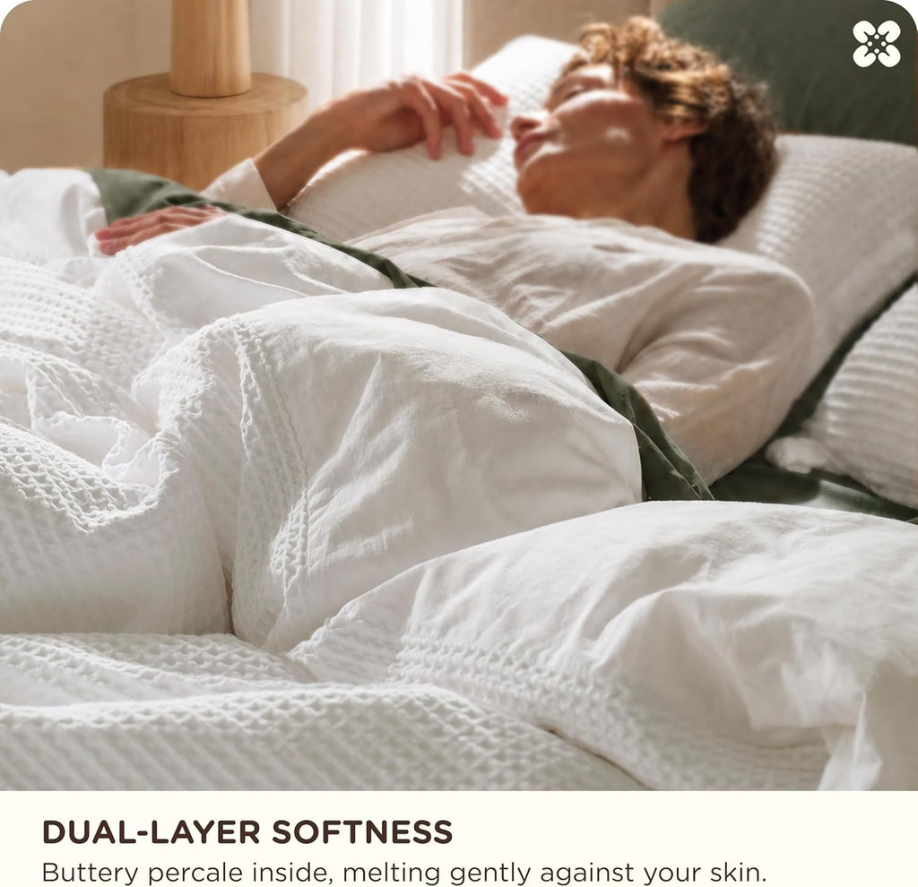 Bedsure PureWoven 3 Pieces 100% Cotton Waffle Duvet Cover Set, Queen, White