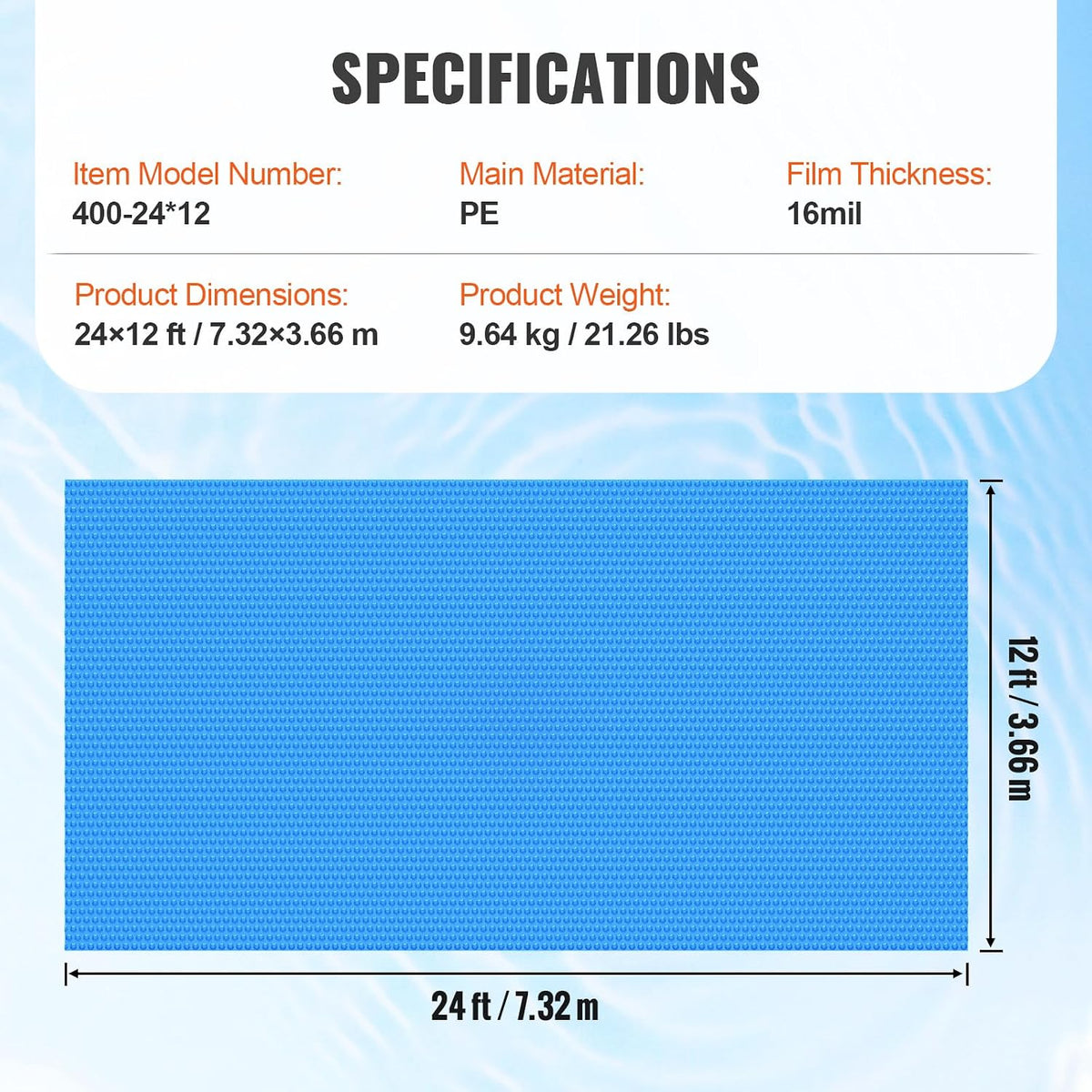 VEVOR Solar Pool Cover, 24 x 12 ft Rectangle Solar Cover 16 mil for Pools, Inground Above Ground Swimming Pool Solar Blanket with Bubble, Heat