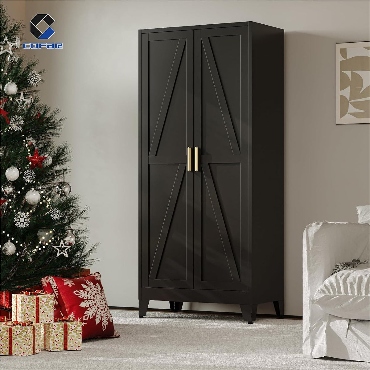 COFaR Wardrobe Closet with Doors, Metal Bedroom Armoire with Adjustable Hanging Rod and Shelves, Farmhouse Broom Closet Storage Cabinet for Garage
