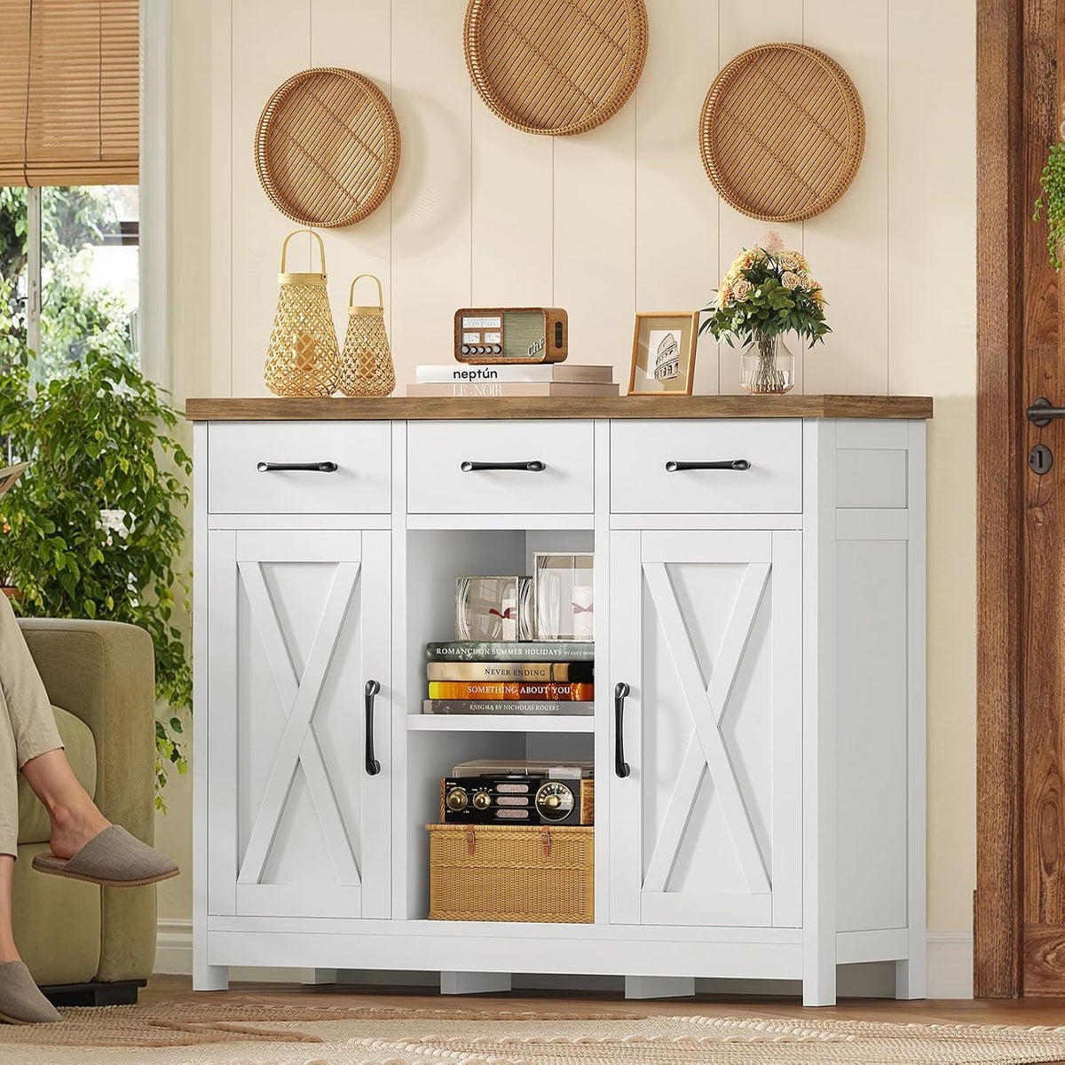 Storage Cabinet, Coffee Bar Cabinet with 3 Drawers, 2 Adjustable Shelves & 2 Doors, Buffet Cabinet, Kitchen Cabinet for Kitchen, Dining Room, Living