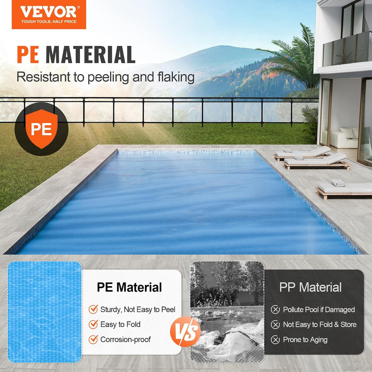 VEVOR Solar Pool Cover, 24 x 12 ft Rectangle Solar Cover 16 mil for Pools, Inground Above Ground Swimming Pool Solar Blanket with Bubble, Heat