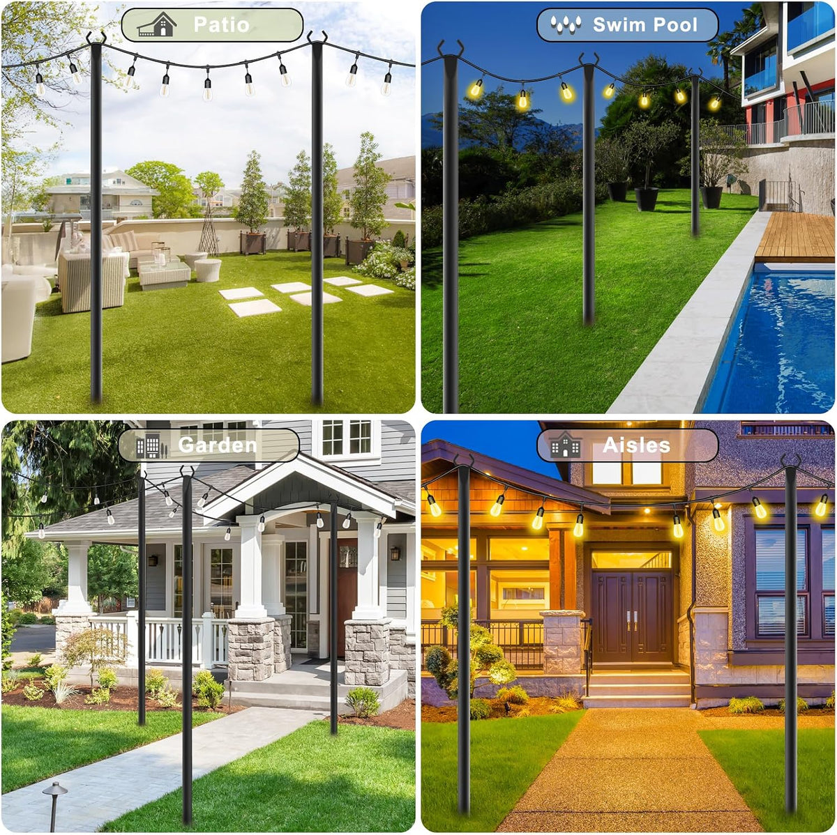 NUERPO 7 Pack String Light Poles,Metal Poles for Hanging Outdoor Light Strings,7 Pack 10 FT Light Poles Stand for Outside Garden,Patio,Wedding
