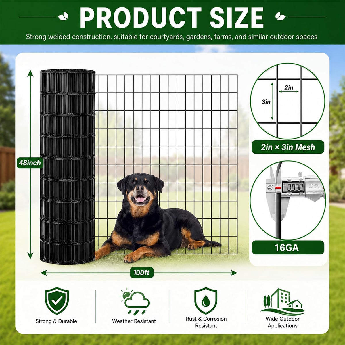 PVC Coated Welded Wire Mesh 16GA 48in x 100ft, 2x3 Mesh Black Fence Roll