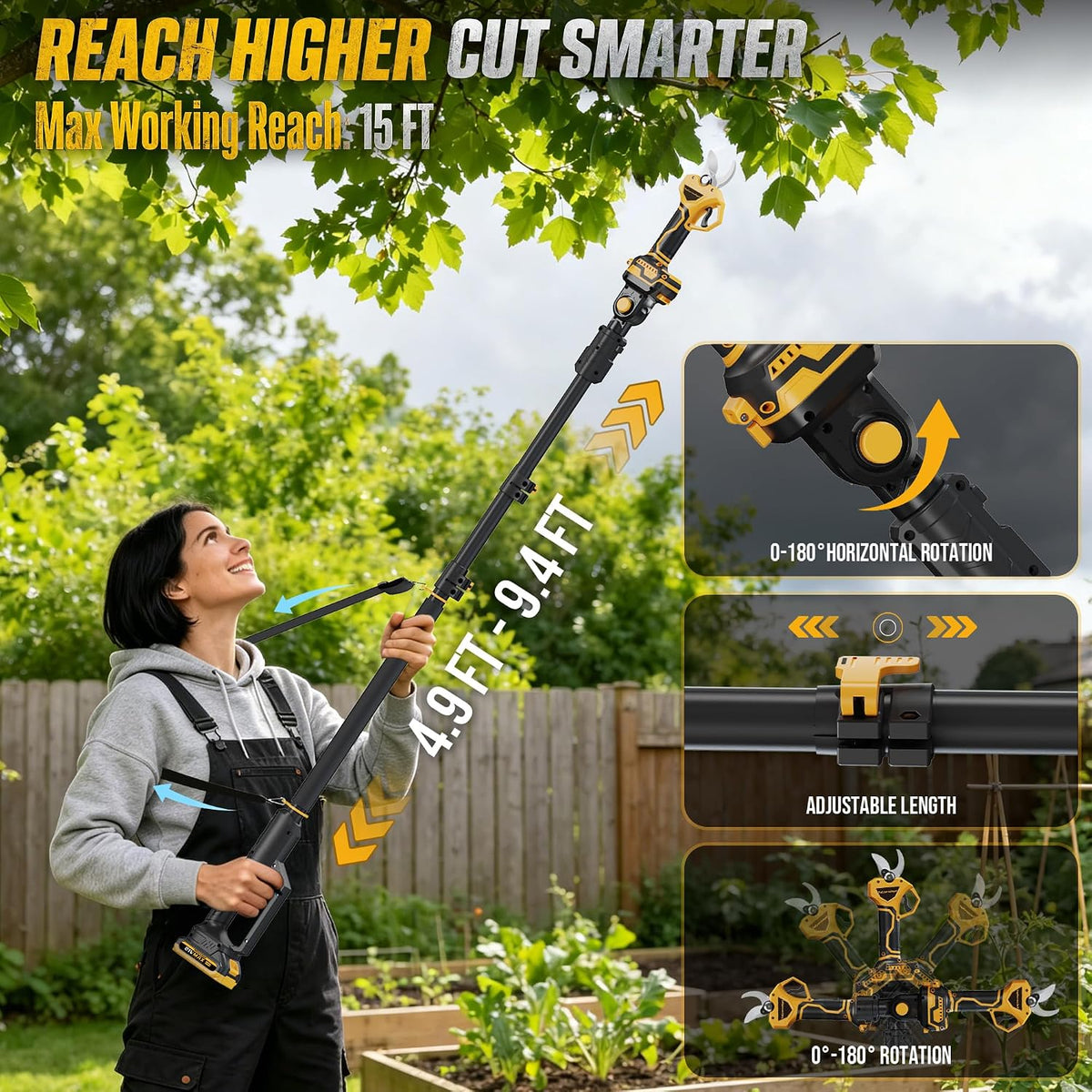 2-in-1 Cordless Pole Pruner, 2.2" Opening Electric Shears, 2×2.0Ah Battery