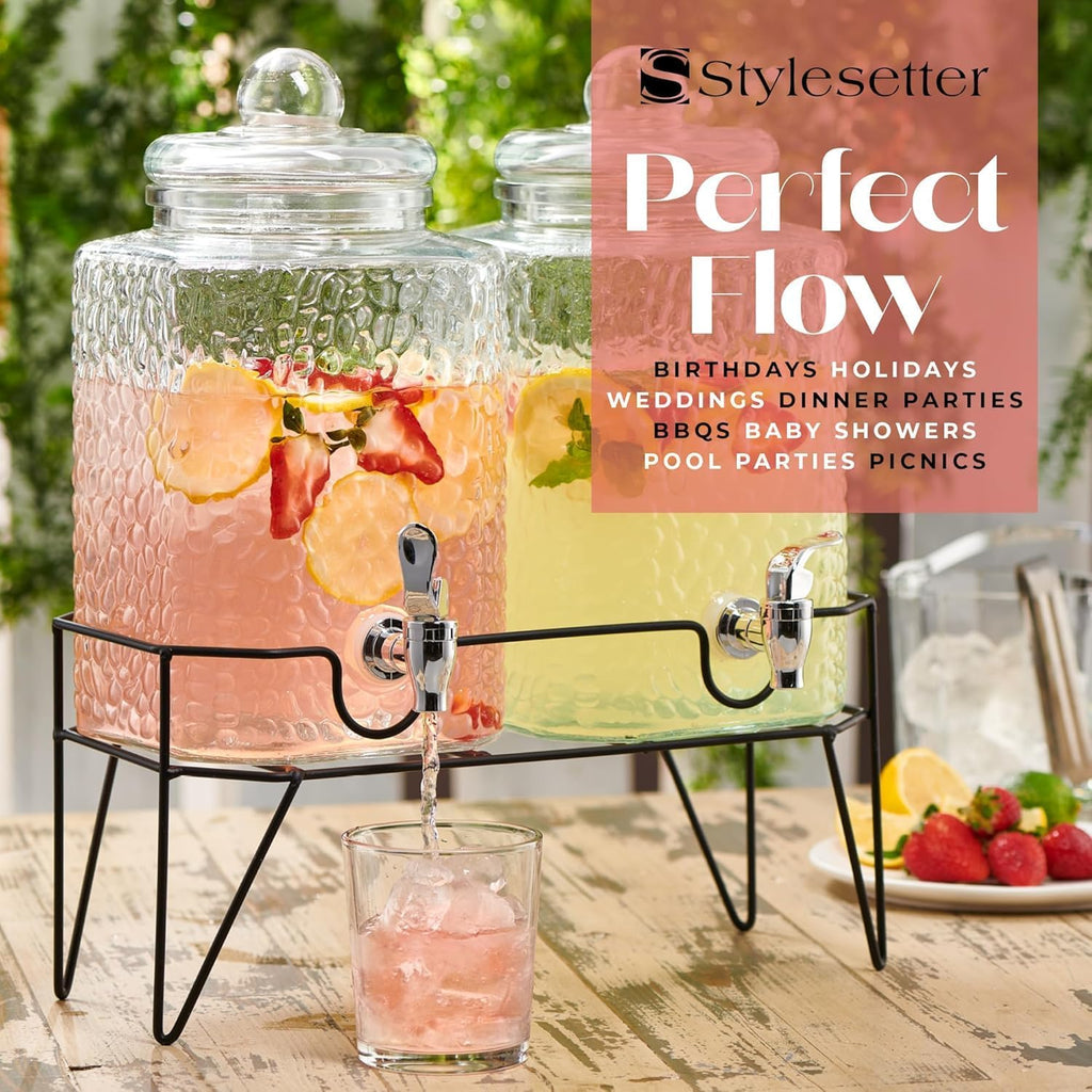 Style Setter Glass Beverage Drink Dispenser w/Metal Stand Set of 2, 1.5 Gal
