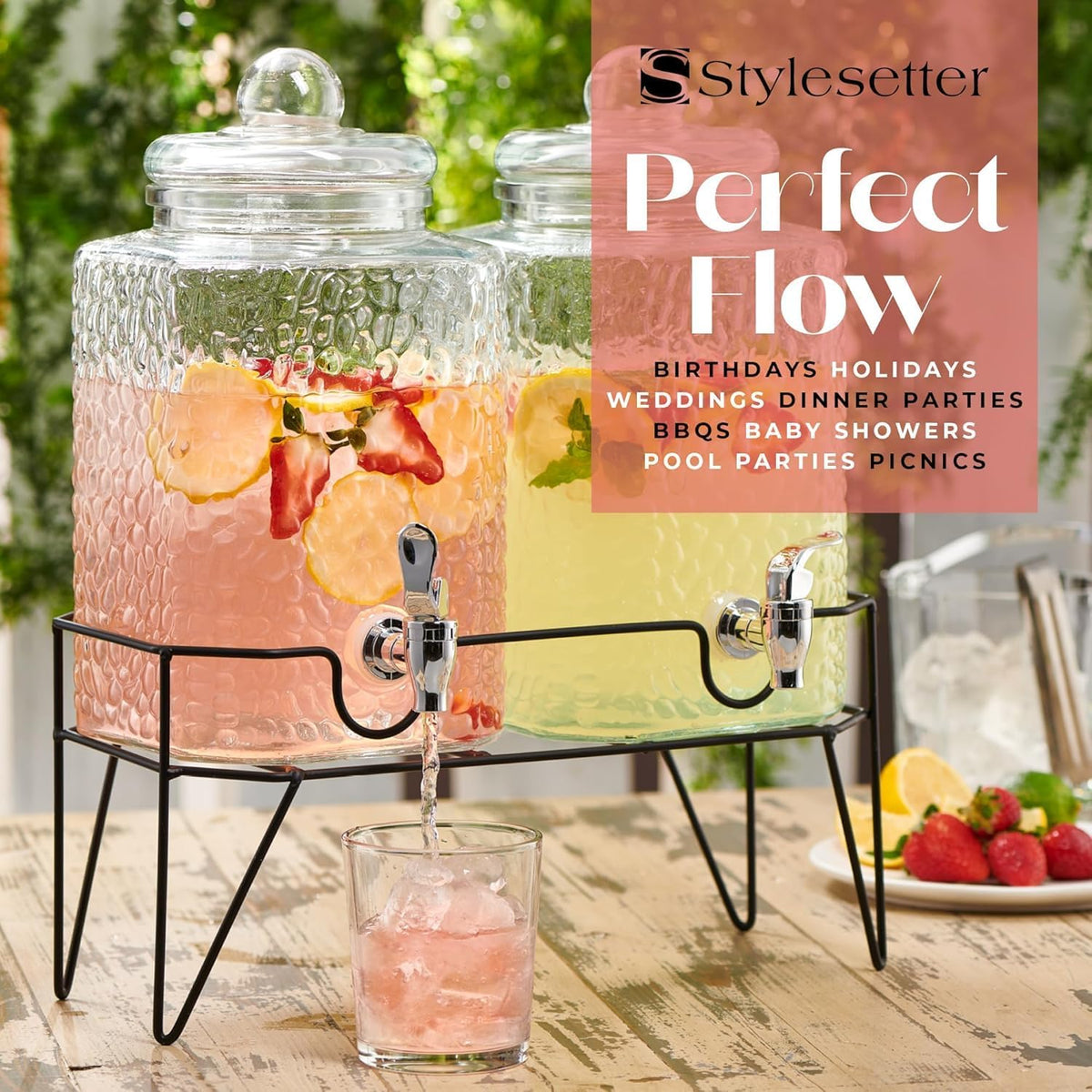 Style Setter Glass Beverage Drink Dispenser w/Metal Stand Set of 2, 1.5 Gal