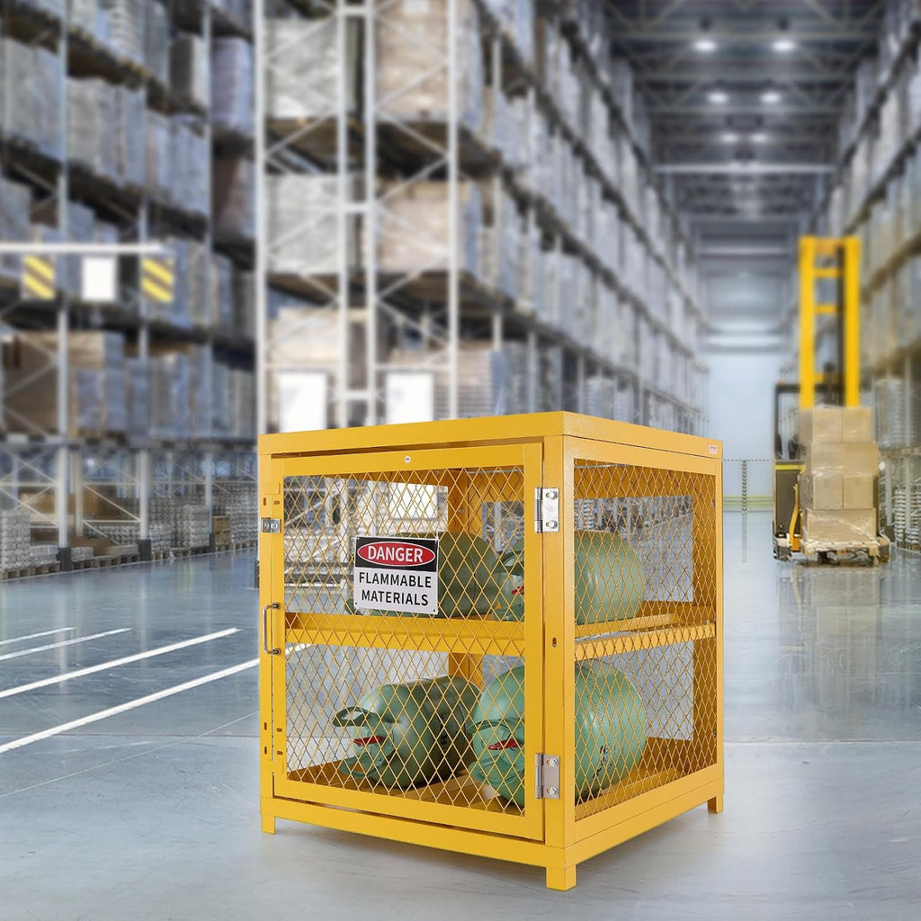 VEVOR Horizontal Cylinder Storage Cabinet, 4 Cylinder Capacity, 31x30x35 inch Propane Storage Cage, Gas Cylinder Cabinet with Yellow Powder Coat