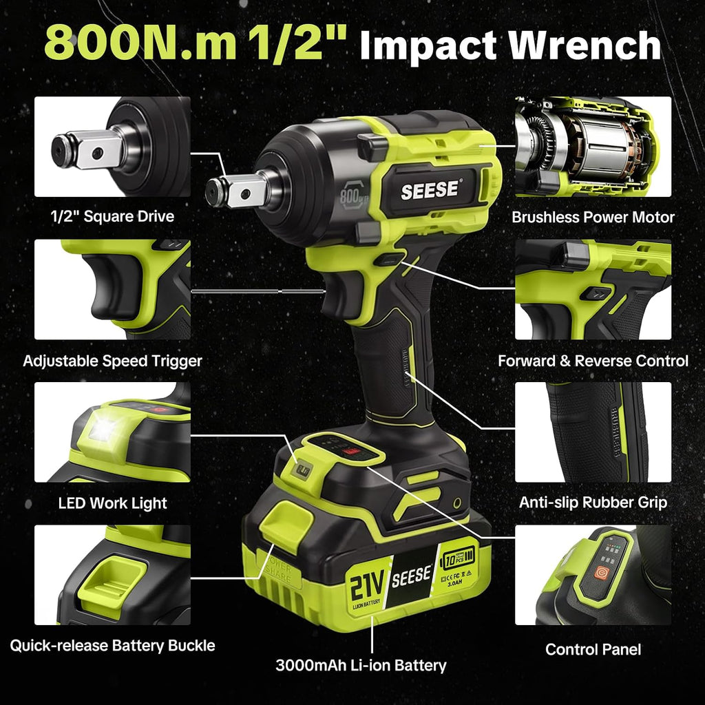 SEESE Cordless Impact Wrench Kit: 590 Ft-lbs(800N.m) 3500IPM High Torque