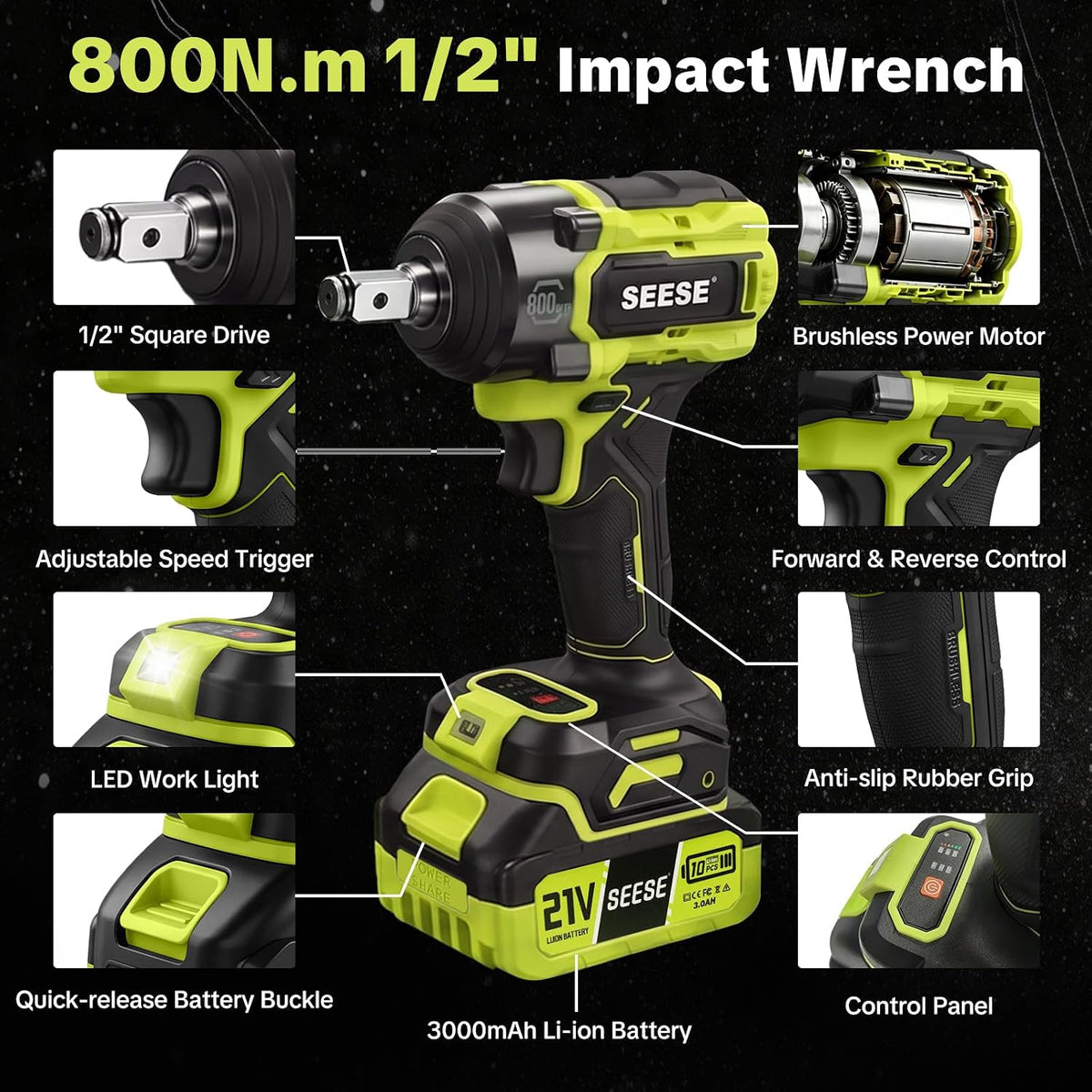 SEESE Cordless Impact Wrench Kit: 590 Ft-lbs(800N.m) 3500IPM High Torque