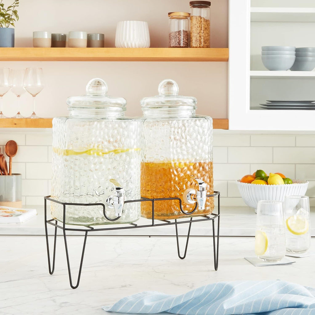 Style Setter Glass Beverage Drink Dispenser w/Metal Stand Set of 2, 1.5 Gal