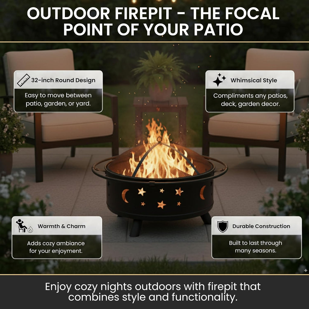Pure Garden Round Outdoor Fire Pit with Star Cutouts, Black, 32-Inch