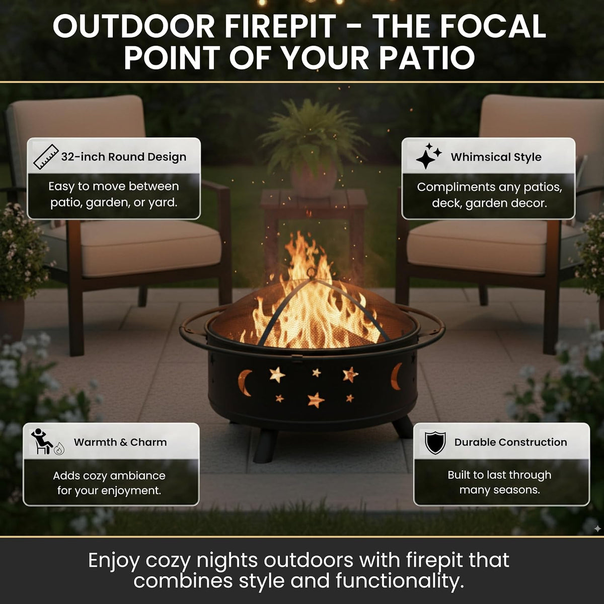 Pure Garden Round Outdoor Fire Pit with Star Cutouts, Black, 32-Inch