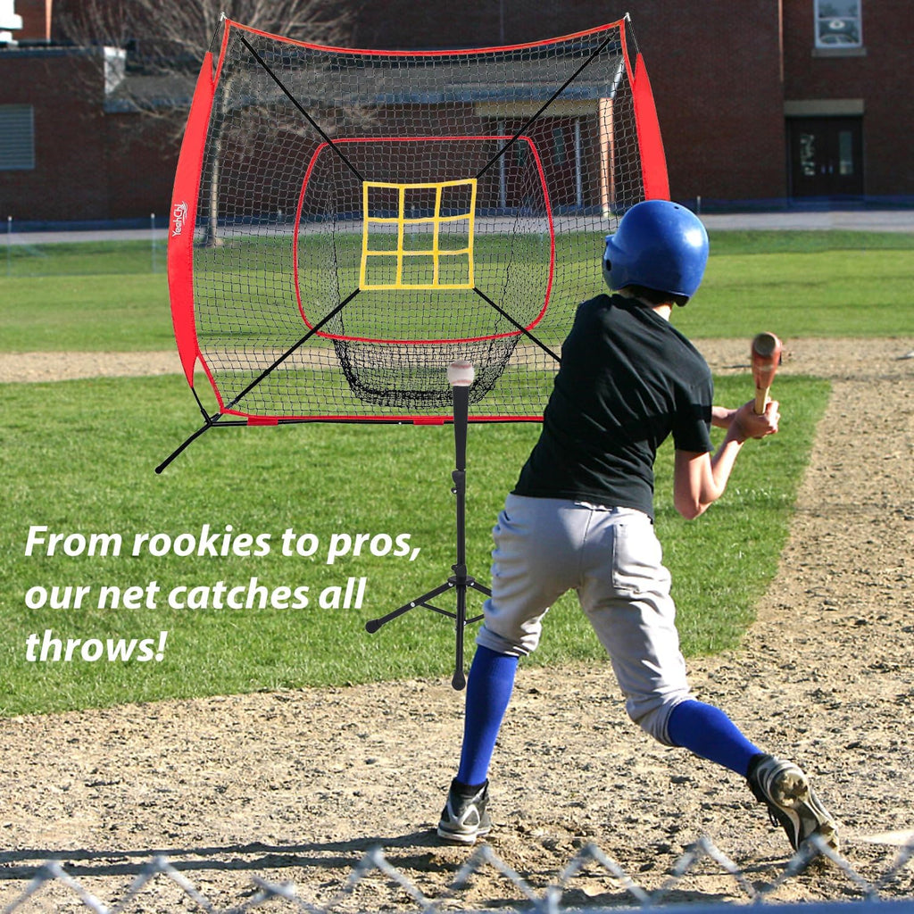 7x7 Ft Baseball and Softball Training Net with Batting Tee, Strike Zone Target, Portable Hitting and Pitching Practice Set