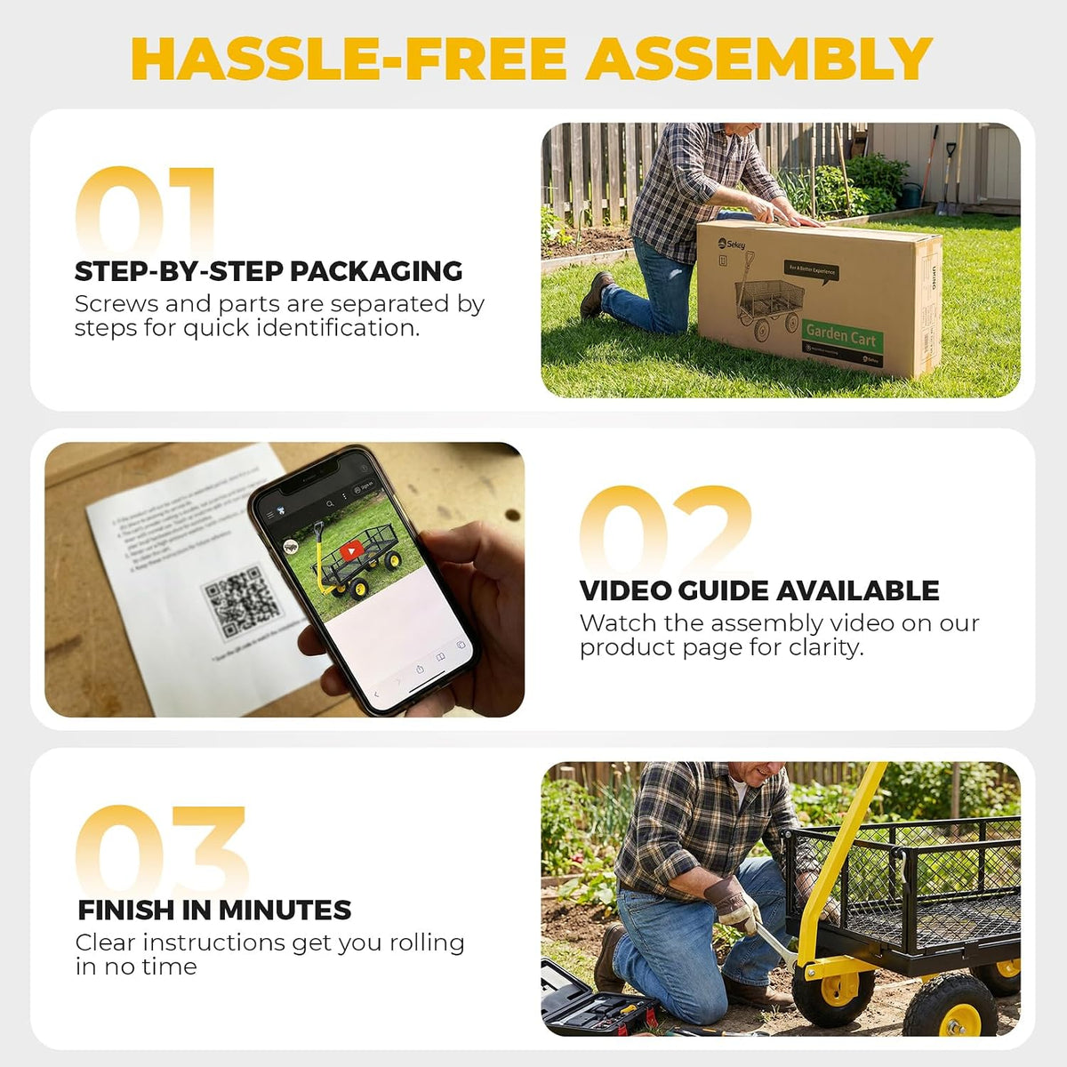 Sekey Steel Garden Cart, 1000 lb Capacity, Removable Sides, 10 in Tires