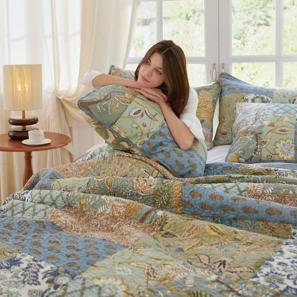 King Size Comforter Set- 100% Cotton Quilt King Size Set, Green, Sage bedspreads (96 * 108 Inch) with 2 Pillow Shams, Patchwork Reversible