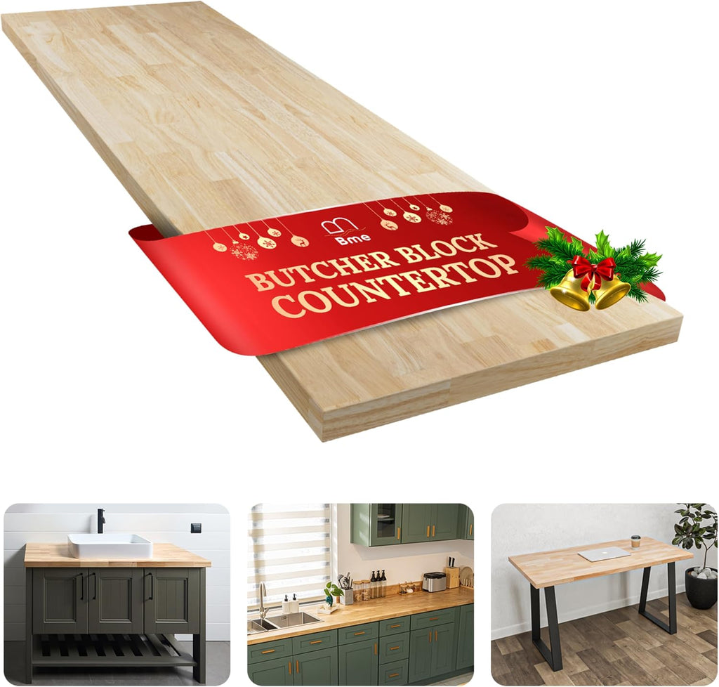 Bme Hevea Solid Wood Butcher Block Countertop, Unfinished, 60" x 25" x 1.5"