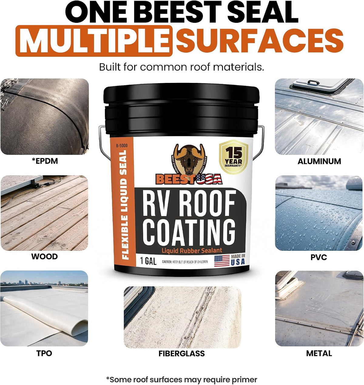 BEEST RV Roof Coating White, 1 Gallon Covers up to 50 sq ft (2 Coats), Solar Reflective & Waterproof Sealant| Elastomeric Leak Repair Coating, Liquid