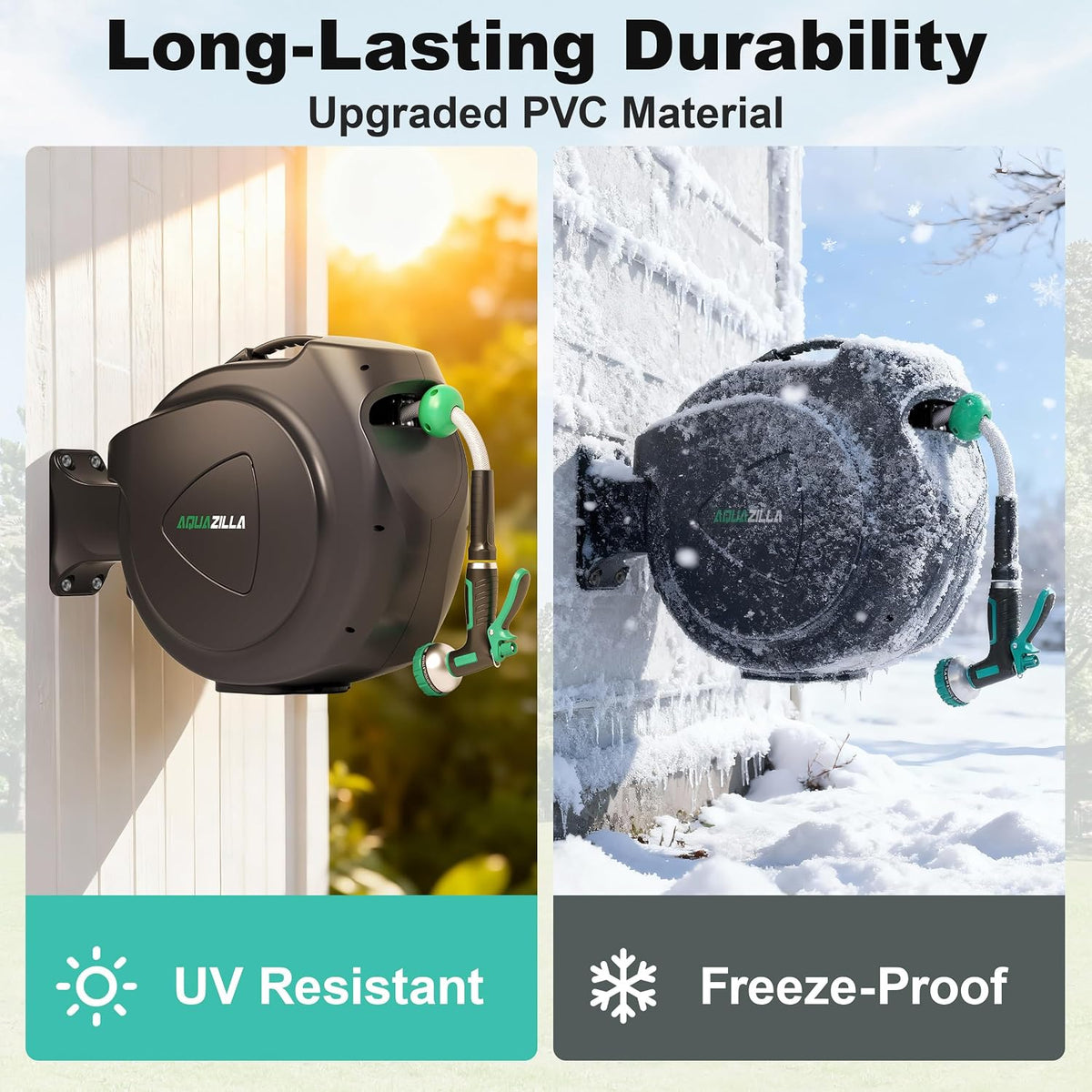 Retractable Garden Hose Reel, 65FT +6FT 5/8" Durable Wall Mounted Water Hose Reel with 180° Swivel Bracket, 9 Pattern Sprayer, 6Ft leader hose,Smooth