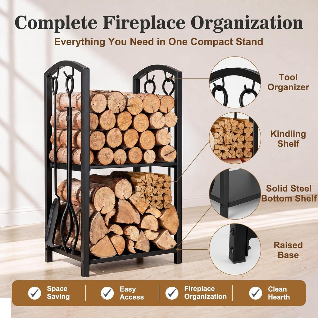 Firewood Rack Log Holder with 4-Piece Fireplace Tool Set, 29" H