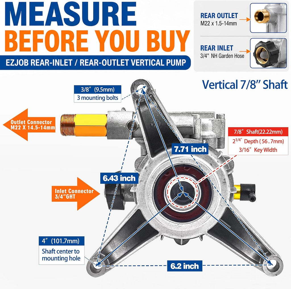 2400-2800PSI Pressure Washer Pump Replacement, Vertical 7/8'' Shaft 2.5 GPM