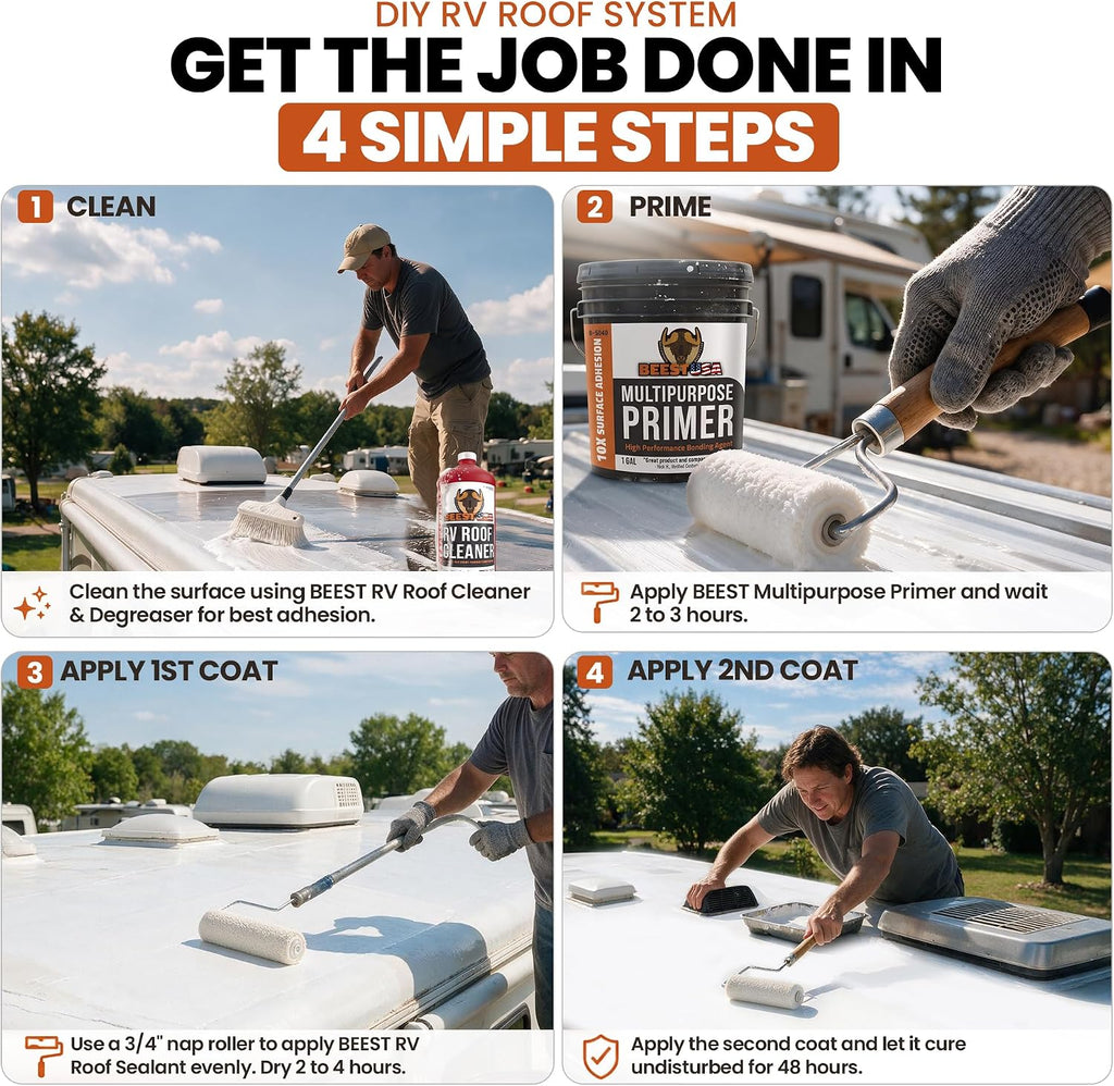BEEST RV Roof Coating White, 1 Gallon Covers up to 50 sq ft (2 Coats), Solar Reflective & Waterproof Sealant| Elastomeric Leak Repair Coating, Liquid
