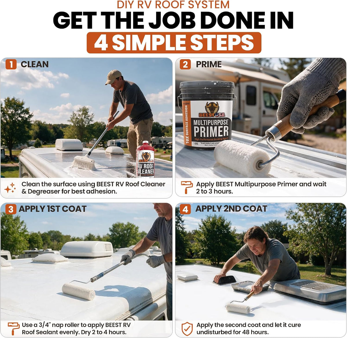 BEEST RV Roof Coating White, 1 Gallon Covers up to 50 sq ft (2 Coats), Solar Reflective & Waterproof Sealant| Elastomeric Leak Repair Coating, Liquid