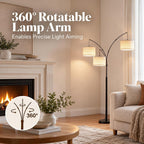 3 Light Arc Floor Lamp with Remote, Beige Shade Black Pole