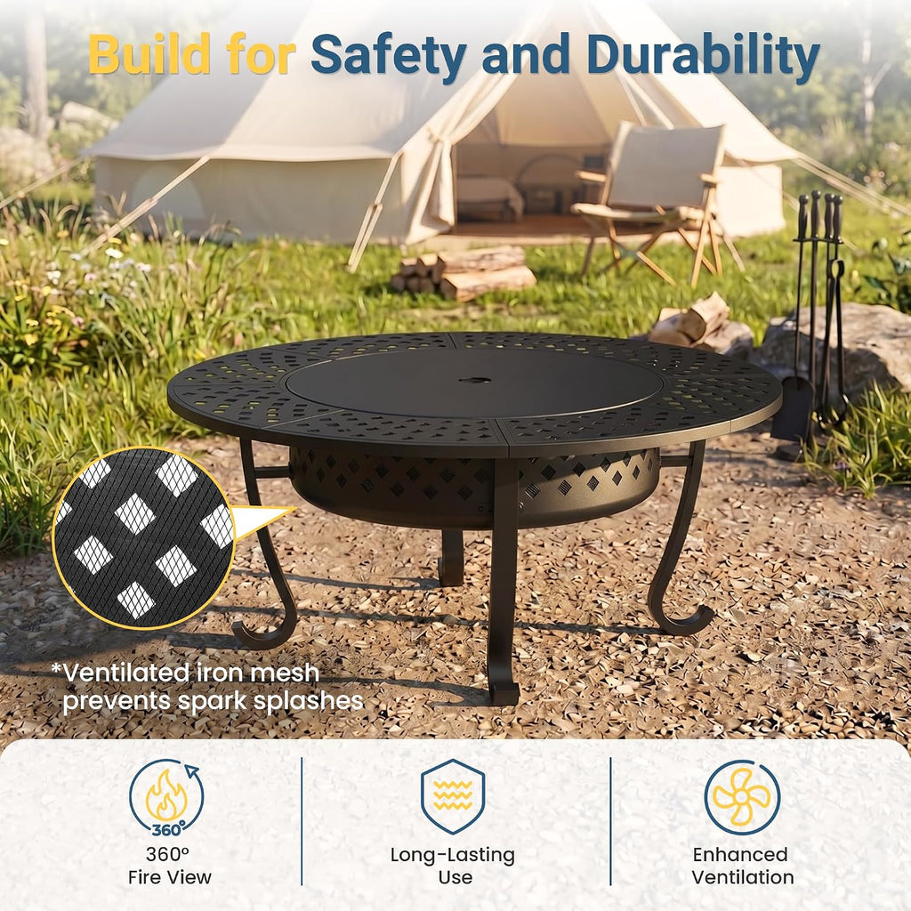 43" Large Fire Pit for Outside with 2 Adjustable Grills,Lid & Fire Poker