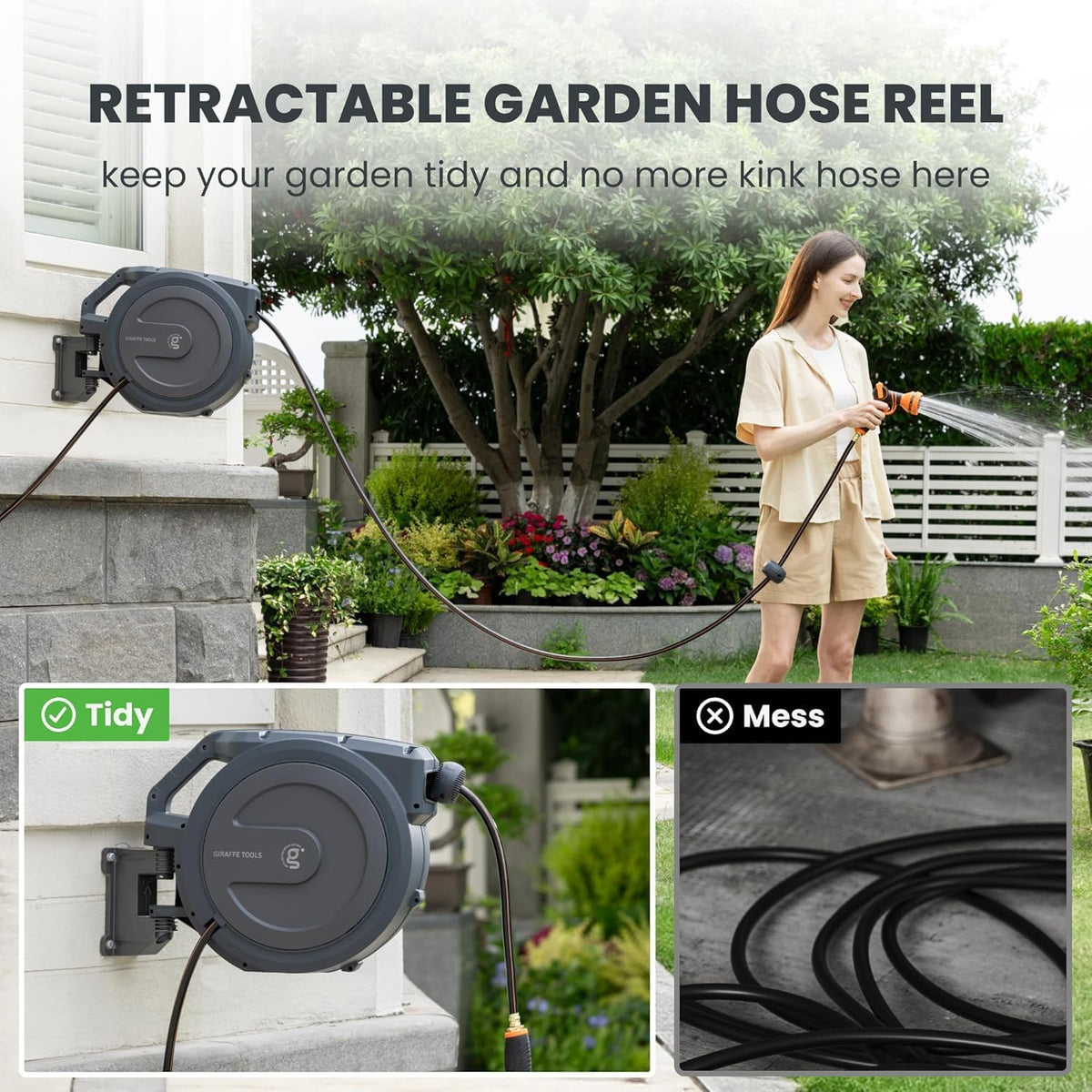 Giraffe Tools PRO Heavy Duty Retractable Garden Hose Reel - 78ft 1/2 Inch Auto Rewind with Any-Length Lock, Wall Mounted Metal Bracket, Commercial