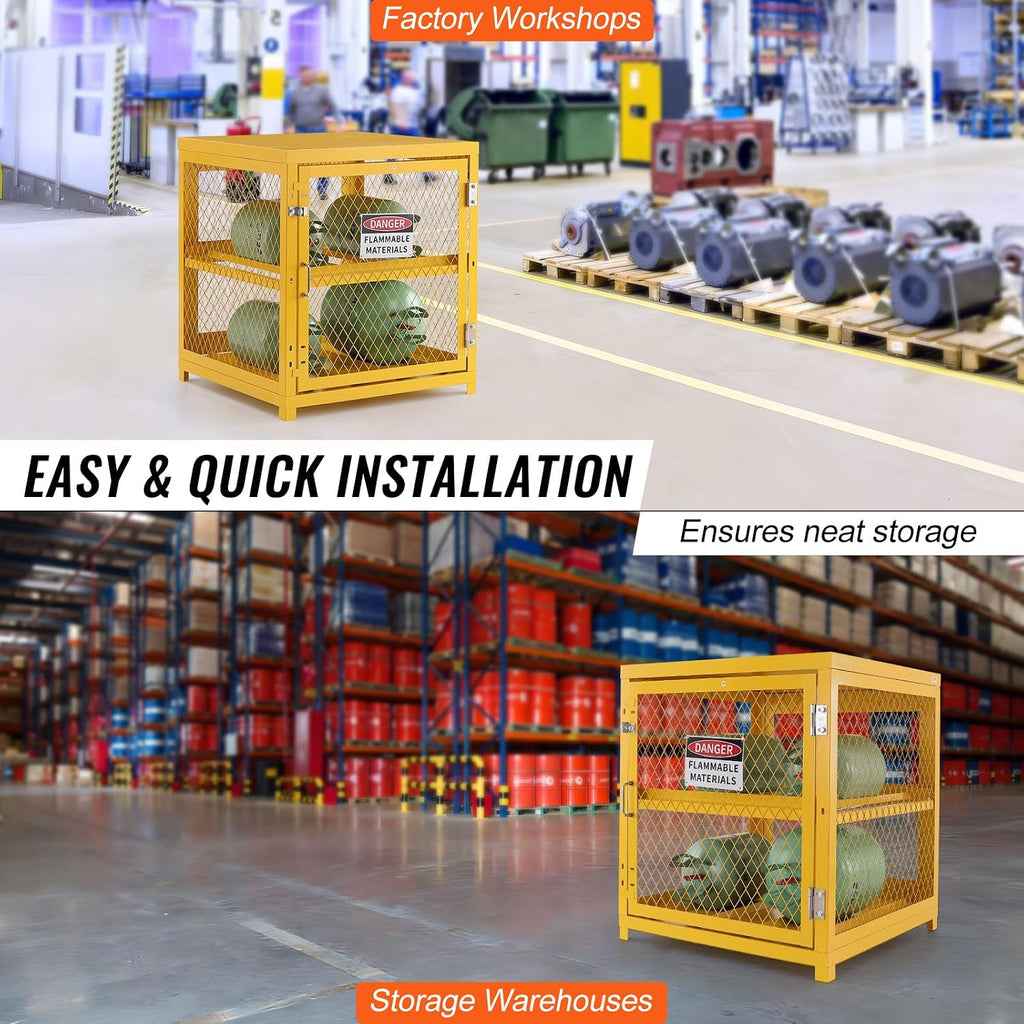 VEVOR Horizontal Cylinder Storage Cabinet, 4 Cylinder Capacity, 31x30x35 inch Propane Storage Cage, Gas Cylinder Cabinet with Yellow Powder Coat