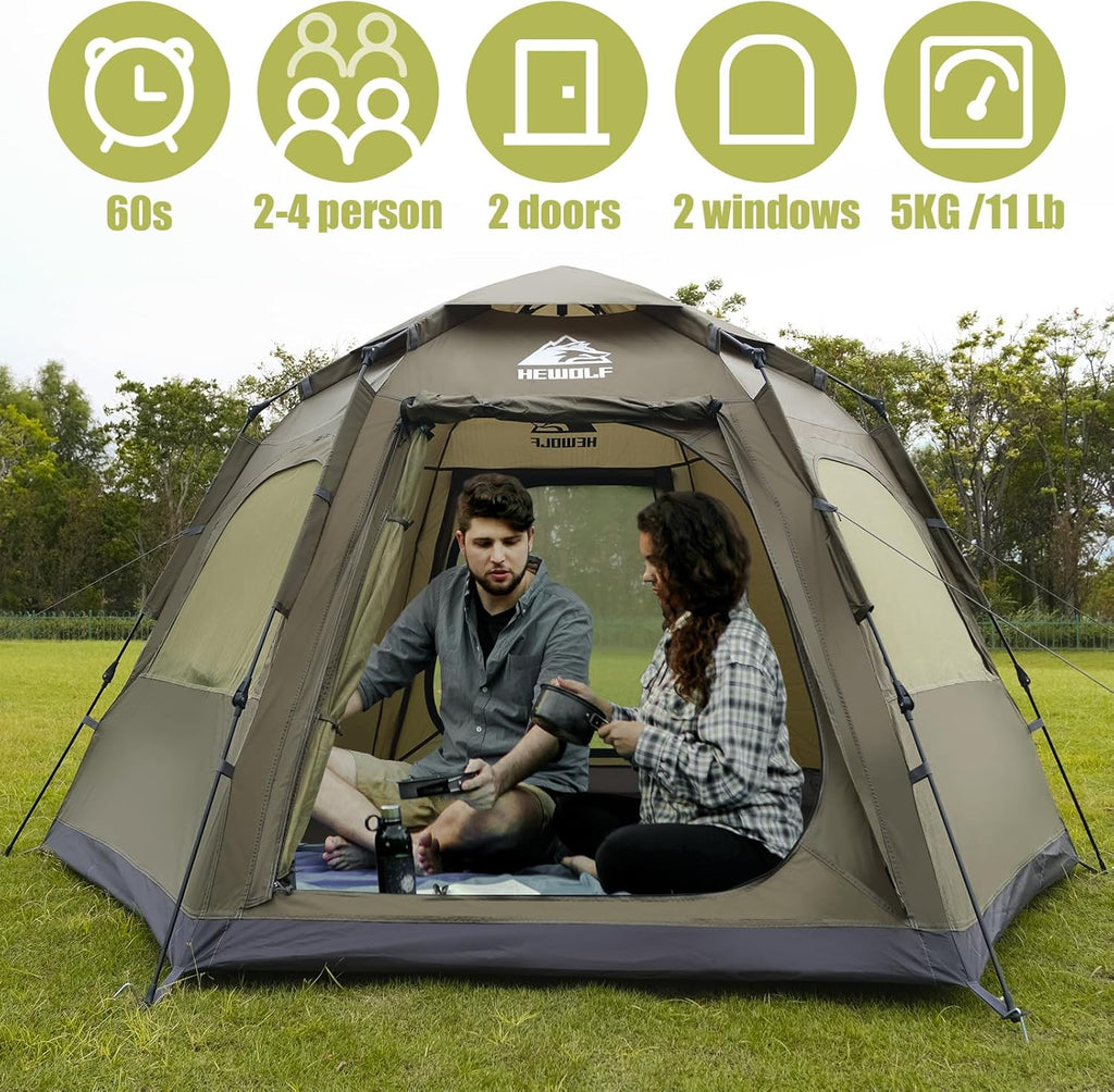 Hewolf 2/3/4 Person Camping Tent - Instant Pop Up Waterproof 2 Doors Tent with Easy Setup | 3-Season Hexagonal Dome Design for Family, Hiking &