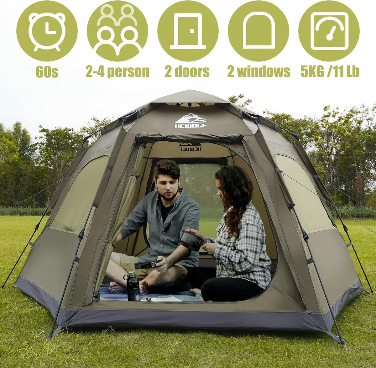 Hewolf 2/3/4 Person Camping Tent - Instant Pop Up Waterproof 2 Doors Tent with Easy Setup | 3-Season Hexagonal Dome Design for Family, Hiking &