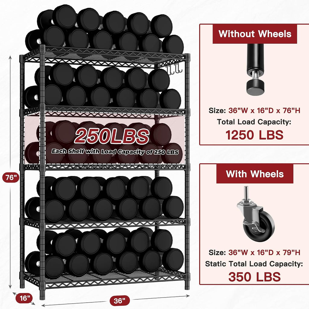 PrimeZone 36"W x 16"D x 79"H Wire Shelving with Wheels, 5-tier Metal Shelf
