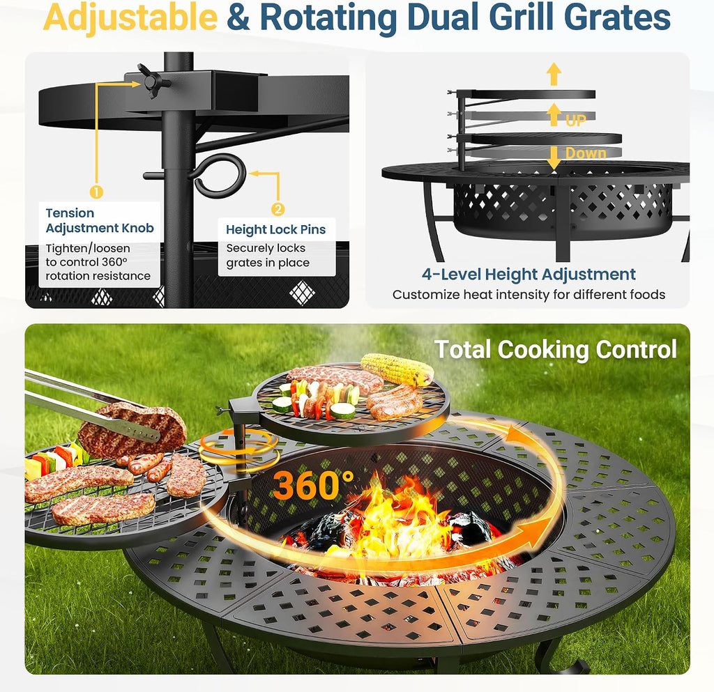 43" Large Fire Pit for Outside with 2 Adjustable Grills,Lid & Fire Poker