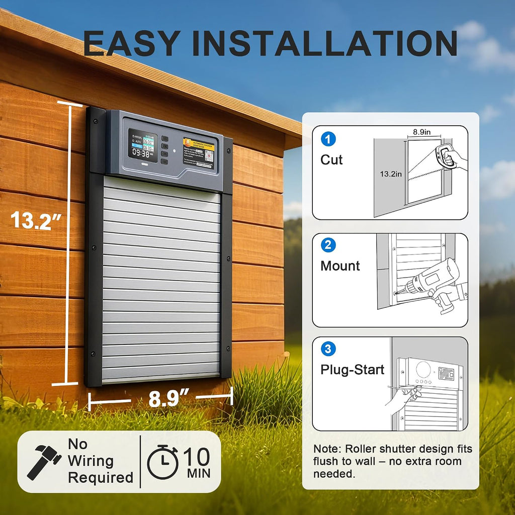 Automatic Chicken Coop Door, Solar Powered Roll-Up Chicken Door with Light Sensor, Timer & Manual Mode, 2500mAh Battery, USB-C Backup, Aluminum Frame