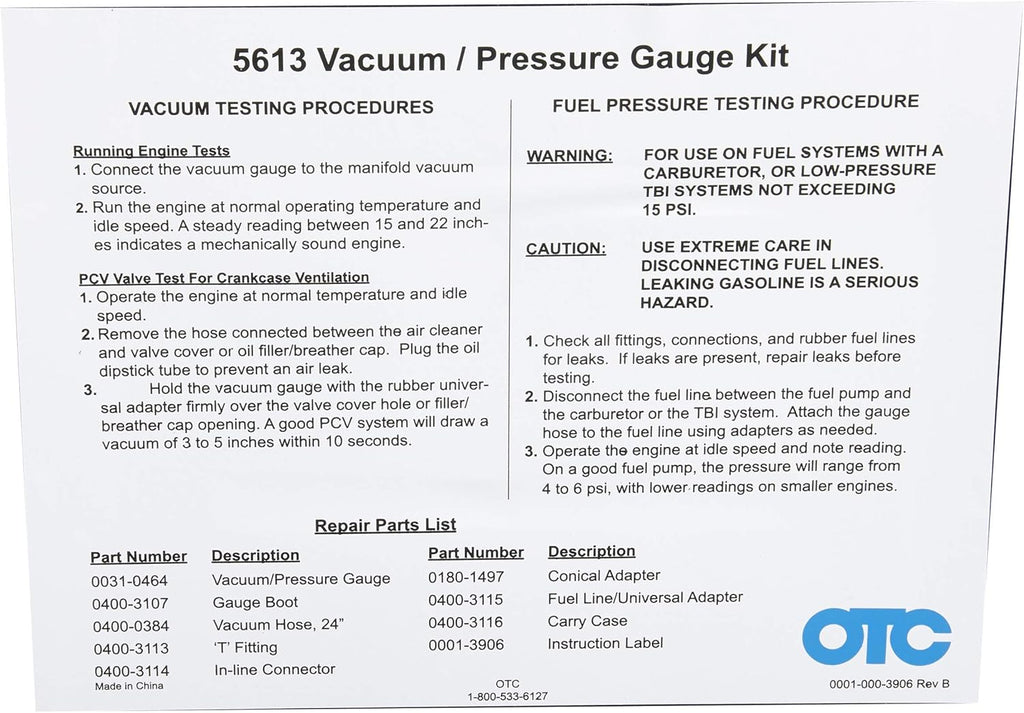OTC 5613 Vacuum/Pressure Gauge Kit with Storage Case